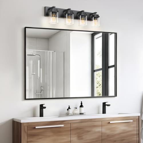 Image of Black Bathroom Light Fixtures, 4 Lights Bathroom Lighting Fixtures Over Mirror, Square Design & Rectangle Large Backplate, Modern Vanity Lighting Fixtures, for Bathroom /Living Room /Bedroom