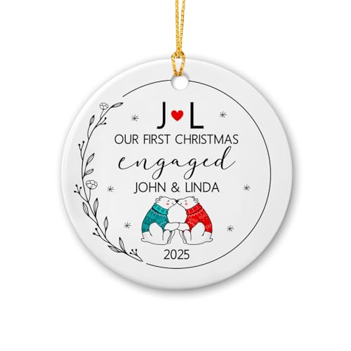 Polar Bear Couple Our First Christmas Engaged Ornament, Personalized Our First Christmas Engaged Ceramic Ornament, Custom Date & Names Couple Polar Bear Newly Engagement Ornament Gift for Xmas 2025