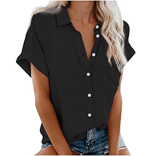 MeiLyviba Damen Bluse Kurzarm Sommershirts Mode Lose Tunika Lose Knöpfe...