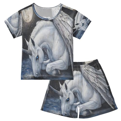 ALAZA White Horse Moon Space Pajamas Set Short Sleeve Cotton Sleepwear Summer Pjs 2 Piece 5-14Y