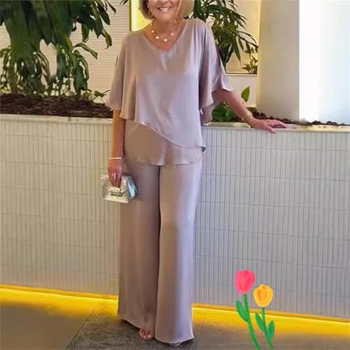 Chiffon Two Piece Mother of The Bride Suit Women's Grace Formal Pants Suit Batwing Sleeves Ruffle Wedding Guest Outfits2