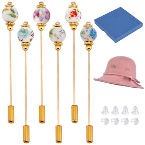 BENECREAT 6 pieza de Alfiler de Sombrero de Porcelana,Seguridad Vintage de Porcelana con Diseños de Plantas Broche de Palo para Corbata, Sombreros de Vaquero Del Oeste,Accesorios para el Cabello, 71mm