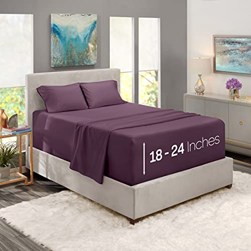 Image of Nestl King Size Sheet Set, Microfiber, Extra Deep Pocket, 4 Piece, Purple | Instantly Soft, Night-One Ready (No Wash Required). Fits Extra Deep Pockets up to 24 Inches, 360-Degree Elastic Grip