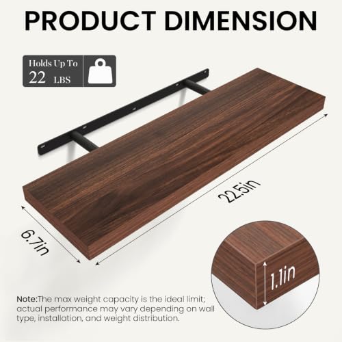 Image of BAYKA Walnut-Like Floating Shelves 22.5in, 3Pack, Wall Mounted Wall Decor | Easy Install, 22lbs Max Load, Hidden Bracket, Shelf for Bathroom Bedroom Kitchen Books Display Storage, Multi-Wall Compatible