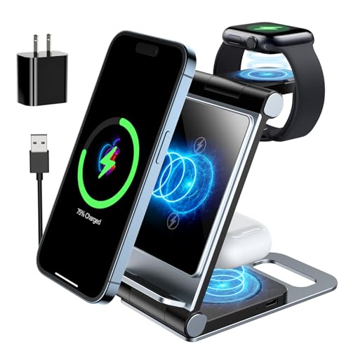 Wireless Charging Station 3 in 1 Foldable Wireless Charger Stand, Travel Charger for iPhone 15 14 13 12 11 Pro Max XR XS 8 Plus, for Apple Watch 9 8 7 6 5 4 3 2 SE, for AirPods 3 2 Pro Black Gray