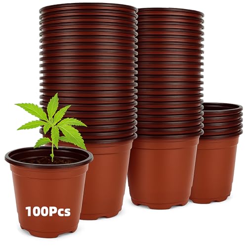 Olicky 100 Pcs Plastic Plant Pots 10cm – Seedling Starter Flower Pots for Indoor & Outdoor Gardening, Reusable Nursery Pots for Vegetables, Herbs & Succulents