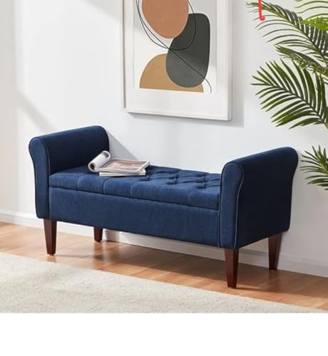 Image of Upholstered Flip Top Storage armrest Bench Ottoman pouffe Puffy Settee 2 Seater Sofa Footstool for livingroom Bedroom Office Hotel guestroom (Blue)