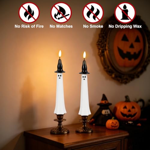 Image of Halloween Witch Flameless Taper Candles Battery Operated with Remote Timer, 400 Hours Long Lasting Real Wax 3D Wick Flickering LED Candlesticks Halloween Decor(2 Pack, 0.75 inch D x 10 inch H)