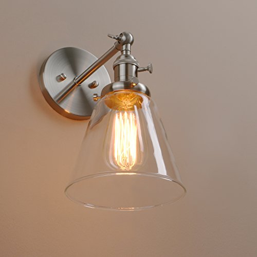 Image of PERMO Industrial Wall Sconce Lighting with On /Off Switch Funnel Flared Clear Glass Hand Blown Shade (Brushed)