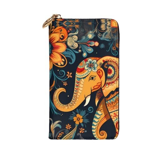 Leather Wallet 7.48 x 4.13 in - Stylish and Durable Wallet for Women with Multiple Compartments and Zipper Design Bohemian Elephant Pattern Prints2