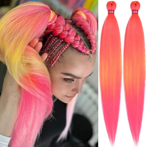 Ombre Hot Pink-Orange-Hot Pink Pre Stretched Braiding Hair 30 Inch Braiding Hair 2 Packs Pre...