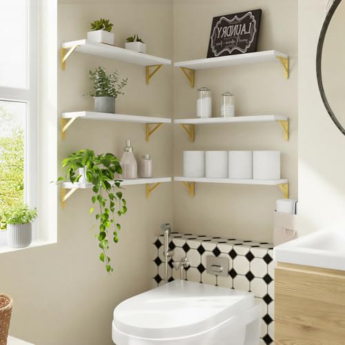 Image of YGEOMER White Floating Shelves for Wall, Farmhouse 23.6 Inch Wall Shelves for Bedroom, Bathroom Storage, Living Room and Kitchen Decor (Set of 6 White)
