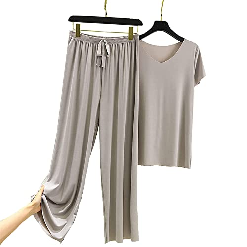 Soft Comfortable Ice Silk Short Sleeve T-Shirt Two Piece Set, Ice Silk Wide Leg Pants, Ice Silk T-Shirt, Ice Silk Two Piece Set, Loose Wide-Leg Pants, Womens Pajama Sets, Suitable for Daily Wear Cover