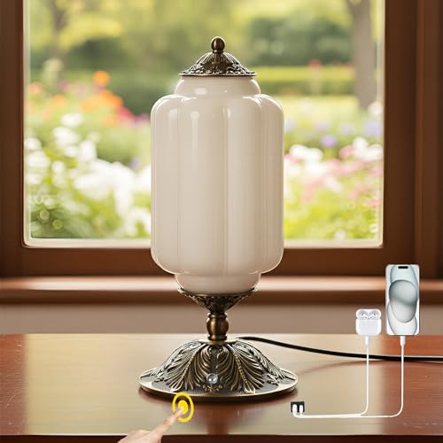 YESIDS Vintage Touch Bedside Table Lamp Elegant Green Glass Bedside Desk Lamp 3 Way Dimmable with USB C+A Charging Ports - Bedroom Nightstand & Living Room Essential (Vintage White 6.5)