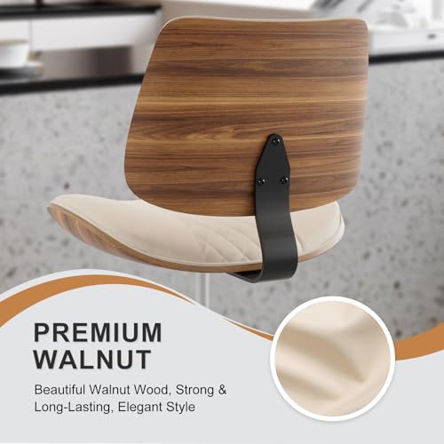 Image of Drafting Chair with Adjustable Footrest, Armless Modern Tall Office Chair for Standing Desk, PU Leather Swivel Stool in Curved Bentwood Style, Ergonomic Rolling Walnut Chair for Office(Beige)
