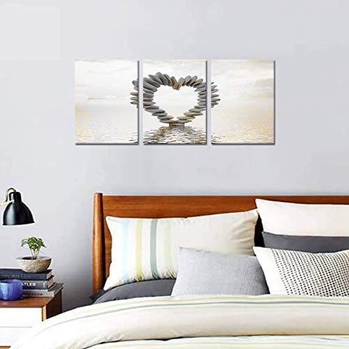 3 Piece Romantic Love Theme Bathroom Canvas Prints Beach Stone Heart Sharp Pictures Artwork Ocean Wall Art Paintings For Bedroom Wall Decorations Gift 12"X16"X3Pcs #TOP3