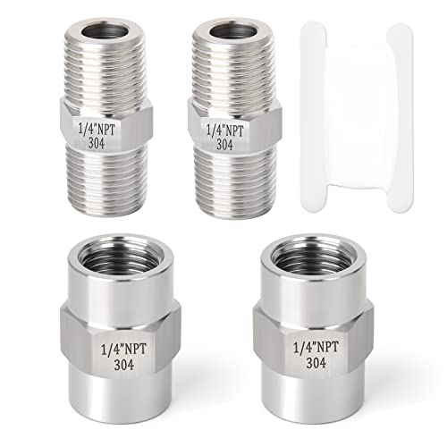 Gasher 4PCS 304 Stainless Steel Pipe Fitting, Hex Nipple Hex Coupling, 1/4" x 1/4" NPT Male Thread Pipe, 1/4Inch x 1/4Inch NPT Female Thread Pipe