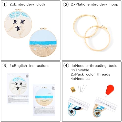Image of Embroidery Kit for Beginner Adults, Stamped Cross Stitch kits for Adults Beginners, Ocean Hand Embroidery Starter Needlepoint Kit, 2 Set Embroidery Supplies, 2 Hoops (Attached Teaching Video QR Code)