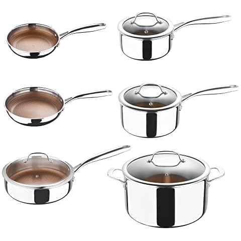 MasterPro Giro Collection 10-teiliges Kochgeschirr-Set, dreilagig, Edelstahl, Aluminiumkern, langlebiges Kochgeschirr mit mehrschichtiger Antihaftbeschichtung, Metall-Utensilien sicher Cover