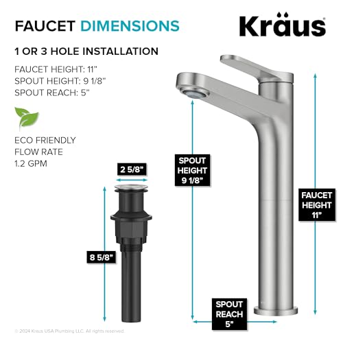 KRAUS Indy Bathroom Faucet for Vessel Sink in Spot-Free Brushed Nickel with Single Handle, Pop Up Drain and Supply Lines, KVF-1410SFBN - image 3