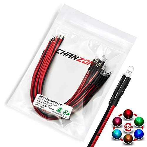 [UL-Kabel] Chanzon 20 Stück vorverdrahtete 3mm RGB langsam blinkende LED-Diodenlichter (klare runde transparente Linse DC 12V) mit 560 Ohm 1/4W Widerstand und 24awg Cover