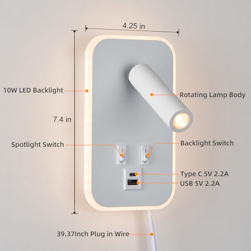 Image of Headboard Reading Light, Bedside Lamp Plug in Hardwired 2 in 1 Wall Lamp, Bedside Lamps USB C+A Ports, Adjustable Headboard Lights for Bedroom with 10W+3W Wall Mounted Reading 3000K (White)
