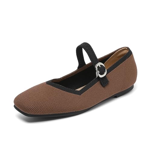 Women Mary Jane Flat Shoes Slip On Square Toe Knitted Washable Comfortable for Work Dressy Daily Wear with Ankle Strap