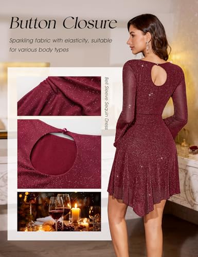 Aupuls Sparkly Dresses for Women Ruched Waist Modest Homecoming Dress Bell Sleeve for Graduation Party AUPG0263
