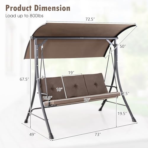 Image of Tangkula 3 Person Porch Swing, Outdoor Swing with Removable Cushions, Solid Steel Structure, Patio Swing with Adjustable Canopy for Garden, Backyard, Balcony, Poolside