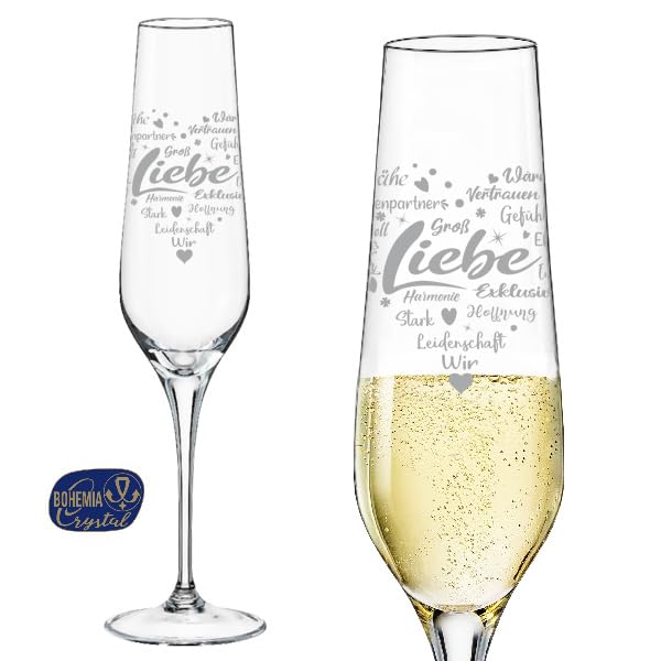 Graviertes personalisiertes Böhmen-Sektglas "Liebe" als Geschenk zum Geburtstag mit lieben Worten in Herzform - Andere Gläser gravieren & personalisiert mit Gravur Namen in unserem Shop