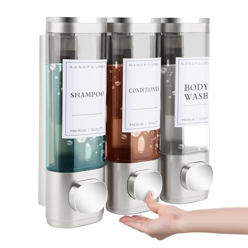 MEKOTRIN Shampoo and Conditioner Dispenser, Shower Soap Dispenser Wall Mounted 3 Chamber 300ml, Refillable Hand Soap Dispensers, Body Wash Dispenser for Bathroom Kitchen Hotel Home 5 Colors(Silver) by MEKOTRIN - Used condition - US$11.39