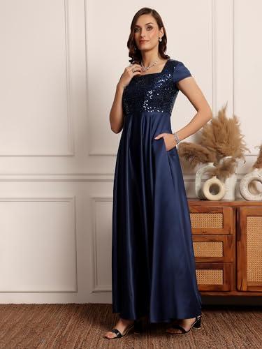 Image of Miss Chase Women's Round Neck Sleeve Embellished Fit Flare Maxi Dress