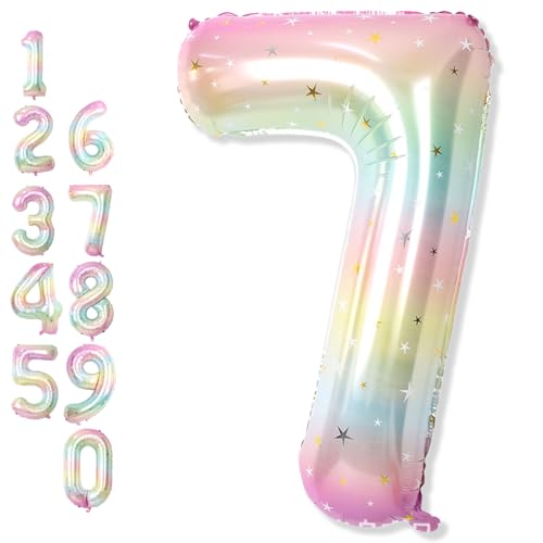 7th Birthday Balloons for Girls, 40'' Foil Self Inflating Stars Gradient Rainbow Number 7 Balloon, Large Mylar Colorful Multicolor 7 Balloon Number for Kid Birthday Party Decor Anniversary Decorations