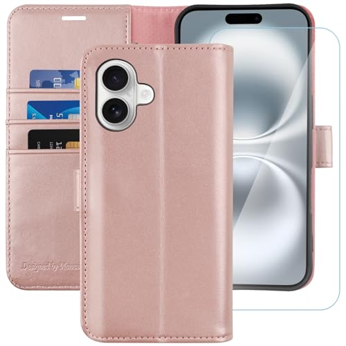 MONASAY Wallet Case Fit for iPhone 16 Plus 5G, 6.7-inch [Glass Screen Protector Included] [RFID Blocking] Flip Folio Leather Cell Phone Cover with Credit Card Holder, Rosegold by MONASAY - Used condition - CA$5.51