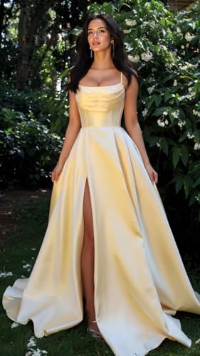 Satin Prom Dresses with Slit 2025 Spaghetti Straps Cowl Neck Formal Dress A Line Ball Gowns with Pockets XOD04654