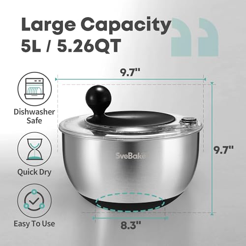 SveBake 5L Salatschleuder Edelstahl mit Stopptaste, BPA-Freie Gemüse Salatschleudern, Transparenter Deckel und Abflussloch, rutschfeste Unterseite, Spülmaschinenfeste Salad Spinner