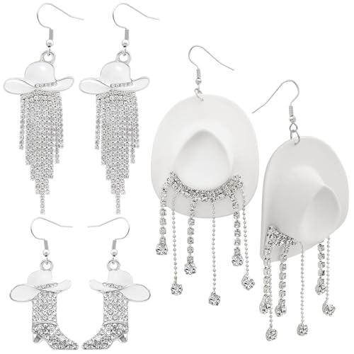 RechicGu 3 Pairs Western Cowgirl Cowboy Hat Earrings Set Silver Symmetric Boots Sparkly Rhinestone Tassels Drop Dangle Rural Culture Earrings Set For Women White