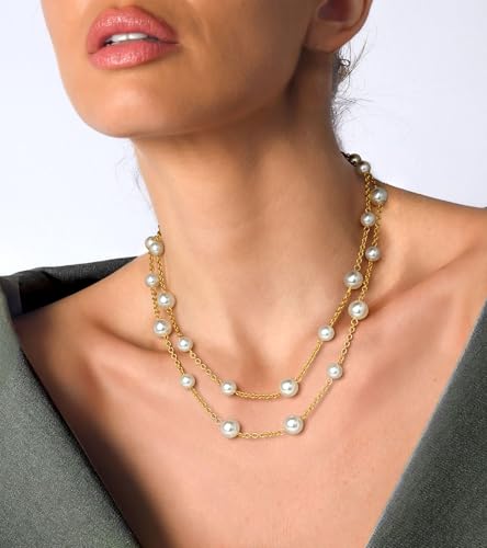 Gold Pearl Necklace for Women, Chunky 18K Gold Plated Layered Choker Chain - Double Layered Pearl Necklace, Trendy Gold Jewelry Birthday Gifts2