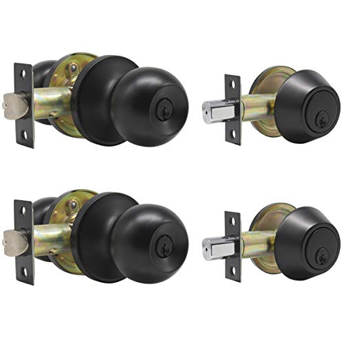 2 Set Entry Door Knob Lockset and Double Cylinder Deadbolt Combination Set, Flat
