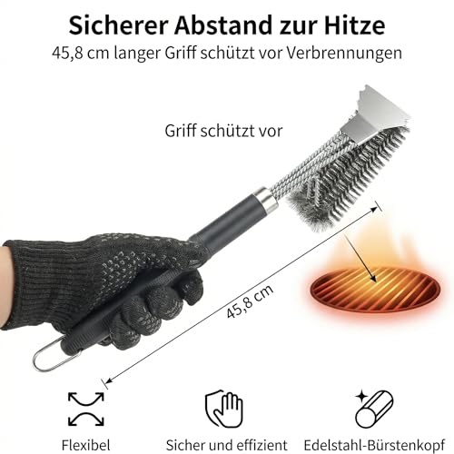 Katomi 3 in 1 Grillbürste Edelstahl mit Schaber, 45.8cm Langer Griff Grillreiniger, Hitzebeständige Reinigungsbürste für Gasgrill, Holzkohlegrill & Gussrost, Sicheres BBQ Grillzubehör