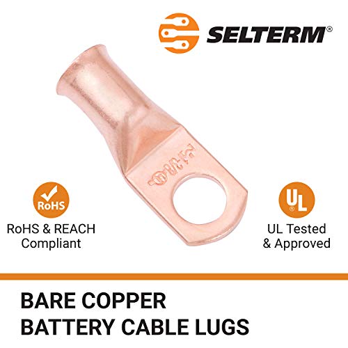 Selterm 25Pcs 1 Awg 3/8" Stud Battery Lugs, Ring Terminals, Heavy Duty Copper Wire Lugs, Battery Cable Ends, 1 Gauge Ring Terminal Connectors, Ul Bare Copper Eyelets Electrical Battery Cable Lugs #TOP2