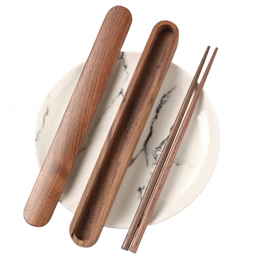 BOHALUU 箸箱セット 天然木 ウォールナット 箸 箸入れ 和風 蓋付き お箸 ウォールナット 木の箸 木製 おしゃれ 携帯箸箱セット 携帯用カトラリー