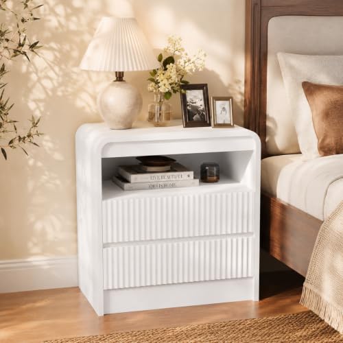 Garvee Fluted Nightstand with Charging Station, 2 Drawers, White