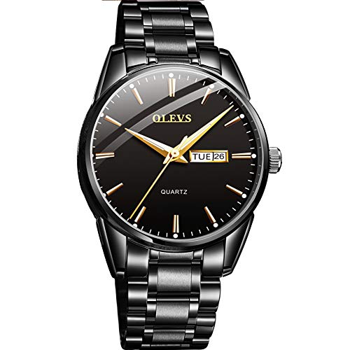 OLEVS Watch Men Luxury Dress Day Date Wrist Watches for Men Black Face Classic Mens Stainless Steel Simple Watches Waterproof Quartz Analog Wristwatch Men's Fashion Casual Watches,relojes de Hombre
