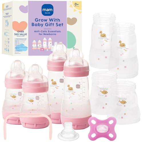Image of MAM Grow With Baby Anti-Colic Bottle Set – 4 Easy Start Bottles (5oz & 9oz) with Trainer Handles & Spout, Comfort Newborn Pacifier, Extra Bottle Bodies & Nipples | Self-Sterilizing Baby Feeding System