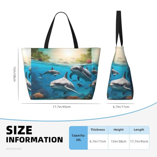 Dolphins Sea Turtle Shark Octopus Coral Print Waterproof Beach Bag For Womentote Bag Zipper And Pockets For Travel Vacation4