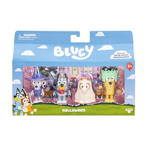 Bluey Halloween Figures Pack of 4, Robust Articulated Character Toys with Bingo, Chloe, and Lucky Figurines, Small Action Figures for Kids Ages 3+