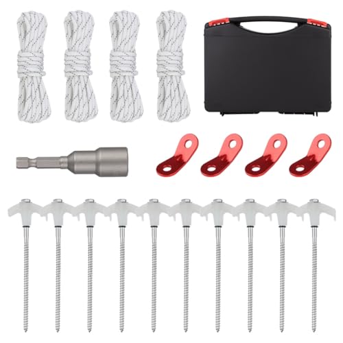 10 Pack Tent Stakes Heavy Duty Metal, 8 inch Tent Pegs Drillable Ground Anchors Screw in, Glow in The Dark Camping Stakes with Ropes and Tensioners, Hex Head Driver and Case