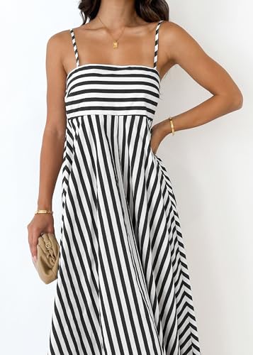 Image of Women Striped Maxi Dress Smocked Backless Spaghetti Strap Long Flowy Dress Sleeveless Boho Aline Sundress