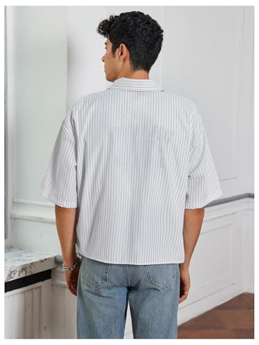 SweatyRocks Men's Striped Button Down Shirt Short Sleeve Collared Loose Fit Crop Shirt with Pocket2